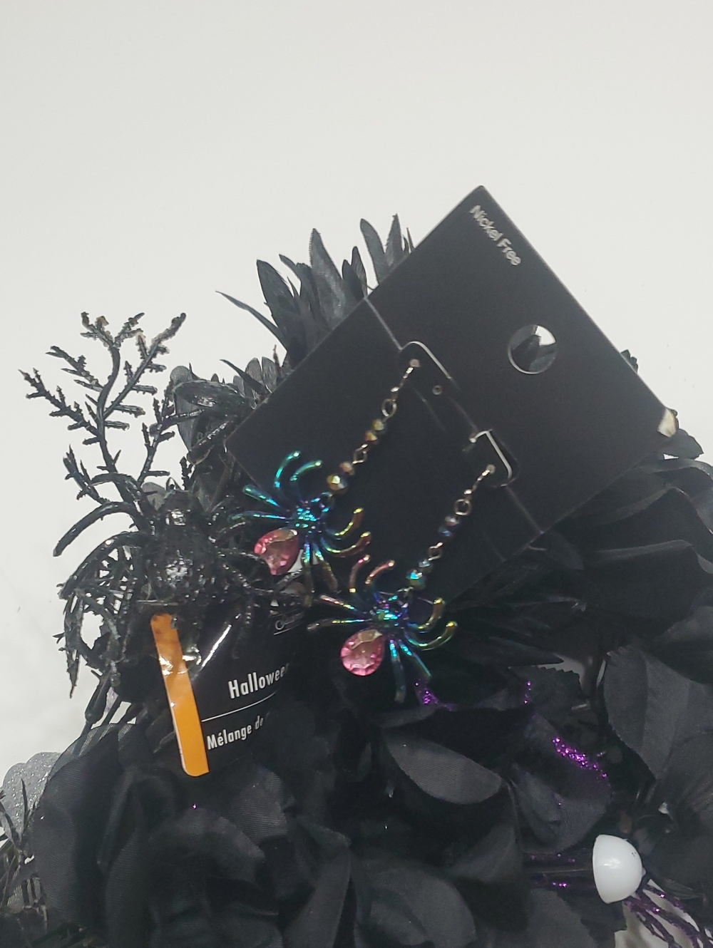 Halloween Multicolor Spider Drop Earrings with Pink Gem and flowers